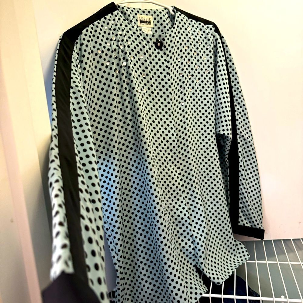 Vintage Leslie Fay Aqua Black Polka Dot Rhinestone Blouse Retro 80s 8 - Picture 2 of 7